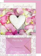 Laden Sie das Bild in den Galerie-Viewer, Edition Seidel Premium Glückwunschkarte Geldscheinkarte zur Jugendweihe mit Umschlag. Eine einzelne Karte Jugendweihekarte Grusskarte Rosenblüten weisses Herz Junge Mädchen (GS-JW101 SW022)