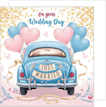 Laden Sie das Bild in den Galerie-Viewer, Quadratische Glückwunschkarte zur Hochzeit mit Umschlag. Hochzeitskarte Just Married Wedding Auto Oldtimer (HQ100 SW024)