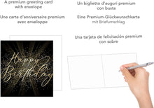 Laden Sie das Bild in den Galerie-Viewer, Edition Seidel Premium quadratische Geburtstagskarte mit Umschlag. Glückwunschkarte Happy Birthday Billet Karte Mann Frau Schwarz Gold Elegantes Design (GQ132)