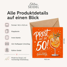 Laden Sie das Bild in den Galerie-Viewer, Edition Seidel Premium quadratische Glückwunschkarte zum 50. Geburtstag mit Umschlag. Grußkarte Karte Spruch Alles Gute für Frau Mann Aperol Prost Glückwünsche (GQ973 SW026)
