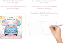 Laden Sie das Bild in den Galerie-Viewer, Quadratische Glückwunschkarte zur Hochzeit mit Umschlag. Hochzeitskarte Just Married Wedding Auto Oldtimer (HQ100 SW024)