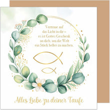 Laden Sie das Bild in den Galerie-Viewer, Edition Seidel Premium quadratische Glückwunschkarte zur Taufe mit Umschlag. Taufkarte Grußkarte Karte Fisch Taufkind Junge Mädchen Kinder Kind Segenswünsche (ETQ135 SW025)
