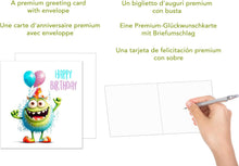Laden Sie das Bild in den Galerie-Viewer, Edition Seidel Premium quadratische Geburtstagskarte mit Umschlag. Glückwunschkarte Happy Birthday Billet Karte Kinder Mann Frau Monster Ballons Lustige Party (GQ192 SW024)