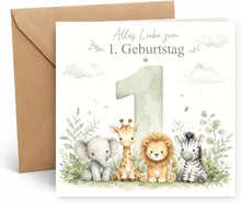 Laden Sie das Bild in den Galerie-Viewer, Edition Seidel Premium quadratische Glückwunschkarte zum 1. Geburtstag mit Umschlag. Grußkarte Kinderkarte Karte Spruch Alles Gute für Baby Junge Mädchen niedlich süß Tiere (GQ895 SW026)