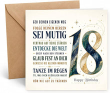 Laden Sie das Bild in den Galerie-Viewer, Edition Seidel Premium quadratische Glückwunschkarte zum 18. Geburtstag mit Umschlag. Grußkarte Karte Spruch Alles Gute für Frau Mann Teenager volljährig achtzehn lustig elegant (GQ906 SW026)