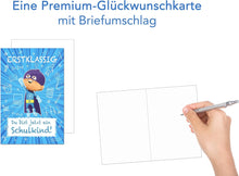 Laden Sie das Bild in den Galerie-Viewer, Edition Seidel Premium Glückwunschkarte zur Einschulung mit Umschlag. Einschulungskarte Karte Grusskarte Kind Junge Schulanfang 1. Klasse Comic (ES134 SW023)