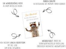 Laden Sie das Bild in den Galerie-Viewer, Edition Seidel Premium Glückwunschkarte zum Abschied mit Umschlag. Abschiedskarte mit Spruch. Cooler Waschbär. (AS134 SW024)