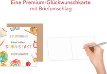 Laden Sie das Bild in den Galerie-Viewer, Edition Seidel Premium quadratische Glückwunschkarte zur Einschulung mit Umschlag. Einschulungskarte mit Spruch zum Schulanfang Karte Grußkarte für Schulkind Mädchen Junge 1. Klasse (ESQ100 SW025)
