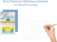Laden Sie das Bild in den Galerie-Viewer, Edition Seidel Premium Glückwunschkarte Geldscheinkarte zur Jugendweihe mit Umschlag. Grusskarte Karte Judendweihekarte Junge Mädchen Spruch Himmel (GS-JW103 SW022)