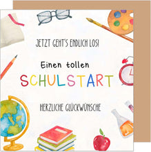 Laden Sie das Bild in den Galerie-Viewer, Edition Seidel Premium quadratische Glückwunschkarte zur Einschulung mit Umschlag. Einschulungskarte mit Spruch zum Schulanfang Karte Grußkarte für Schulkind Mädchen Junge 1. Klasse (ESQ100 SW025)