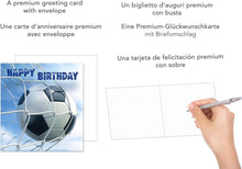 Laden Sie das Bild in den Galerie-Viewer, Edition Seidel Premium quadratische Geburtstagskarte mit Umschlag. Glückwunschkarte Happy Birthday Billet Karte Mann Frau Teenager Kinder Fußball (GQ116)