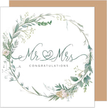 Laden Sie das Bild in den Galerie-Viewer, Quadratische Glückwunschkarte Karte zur Hochzeit mit Umschlag. Just Married Wedding Blumenkranz Eukalyptus (HQ101 SW024)