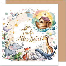 Laden Sie das Bild in den Galerie-Viewer, Edition Seidel Premium quadratische Glückwunschkarte zur Taufe mit Umschlag. Taufkarte Grußkarte Karte Taufkind Junge Mädchen Kinder Kind Tiere Arche Noah (ETQ118 SW025)