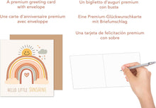 Laden Sie das Bild in den Galerie-Viewer, Edition Seidel Premium quadratische Glückwunschkarte zur Geburt mit Umschlag. Karte Grußkarte Babykarte mit Spruch Hello little Sunshine Billet Junge Mädchen Baby Regenbogen Sonne (EQ102 SW024)