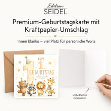 Laden Sie das Bild in den Galerie-Viewer, Edition Seidel Premium quadratische Glückwunschkarte zum 1. Geburtstag mit Umschlag. Grußkarte Kinderkarte Karte Spruch Alles Gute für Baby Junge Mädchen niedlich süß Tiere (GQ893 SW026)