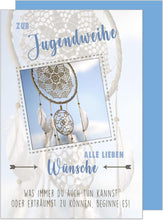 Laden Sie das Bild in den Galerie-Viewer, Edition Seidel Premium Glückwunschkarte zur Jugendweihe mit Umschlag. Eine einzelne Karte zur Jugendweihe mit Spruch. Grusskarte Traumfänger Himmel Junge Mädchen (JW127 SW023)