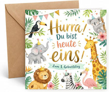 Laden Sie das Bild in den Galerie-Viewer, Edition Seidel Premium quadratische Glückwunschkarte zum 1. Geburtstag mit Umschlag. Grußkarte Kinderkarte Karte Spruch Alles Gute für Baby Junge Mädchen niedlich süß Tiere (GQ889 SW026)