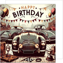 Laden Sie das Bild in den Galerie-Viewer, Edition Seidel Premium quadratische Geburtstagskarte mit Umschlag. Glückwunschkarte Happy Birthday Billet Karte für Mann Vater Sohn Opa Freund Auto Oldtimer (GQ272 SW024)