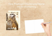 Laden Sie das Bild in den Galerie-Viewer, Edition Seidel Premium Glückwunschkarte zum Abschied mit Umschlag. Abschiedskarte mit Spruch. Erdmännchen Umarmung. (AS117 SW022)