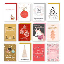 Laden Sie das Bild in den Galerie-Viewer, Edition Seidel Set 12 Weihnachtskarten mit Umschlag. Grußkarten Doppelkarten Klappkarten Kartenset Frohe Weihnachten Christbaumkugeln Gold Einhorn Tannenbaum Weihnachtsgrüße (SW026) (36703)