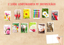 Laden Sie das Bild in den Galerie-Viewer, Edition Seidel Set 12 Geburtstagskarten Glückwunschkarten zum Geburtstag mit Umschlag. Grusskarte Geburtstagskarte Happy Birthday Mann Frau (20841)
