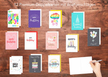 Laden Sie das Bild in den Galerie-Viewer, Edition Seidel Set 12 exklusive Premium Geburtstagskarten mit Umschlag. Glückwunschkarte Grusskarte zum Geburtstag. Geburtstagskarte Mann Frau Billet (20188)