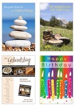 Laden Sie das Bild in den Galerie-Viewer, Edition Seidel Set 12 Geburtstagskarten Glückwunschkarten zum Geburtstag mit Umschlag. Grusskarte Geburtstagskarte Happy Birthday Mann Frau (20037)