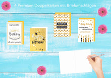 Laden Sie das Bild in den Galerie-Viewer, Edition Seidel Set 4 exklusive Geburtstagskarten mit feiner Goldprägung und Umschlag. Glückwunschkarte Grusskarte zum Geburtstag. Geburtstagskarte Karte Mann Frau (20044)