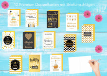 Laden Sie das Bild in den Galerie-Viewer, Edition Seidel Set 12 exklusive Premium Geburtstagskarten mit feiner Goldprägung und Umschlag. Glückwunschkarte Grusskarte Geburtstag Geburtstagskarte Mann Frau Karten Happy Birthday Billet (20149)