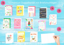 Laden Sie das Bild in den Galerie-Viewer, Edition Seidel Set 12 exklusive Premium Geburtstagskarten mit Umschlag. Glückwunschkarte Grusskarte Geburtstag Geburtstagskarte Mann Frau Karten Happy Birthday (20177)