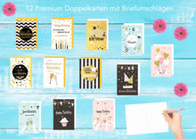 Laden Sie das Bild in den Galerie-Viewer, Edition Seidel Set 12 exklusive Premium Geburtstagskarten mit Umschlag. Glückwunschkarte Grusskarte zum Geburtstag. Geburtstagskarte Mann Frau Billet (20199)