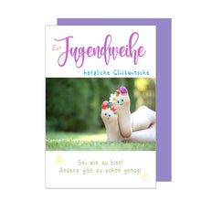 Laden Sie das Bild in den Galerie-Viewer, Edition Seidel Premium Glückwunschkarte zur Jugendweihe mit Umschlag. Eine einzelne Karte zur Jugendweihe mit Spruch. Grusskarte Zur Jugendweihe bunte Füsse Junge Mädchen (JW126 SW023)