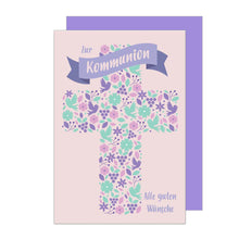 Laden Sie das Bild in den Galerie-Viewer, Edition Seidel Premium Glückwunschkarte zur Kommunion mit Umschlag. Eine einzelne Karte Kommunionskarte Grusskarte Blüten Tauben Kreuz Junge Mädchen (KO261 SW022)
