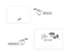 Laden Sie das Bild in den Galerie-Viewer, Edition Seidel Set 50 Premium Tischkarten Platzkarten Namenskarten Kommunion Konfirmation Firmung Hochzeit Geburtstag Taufe Feier Familienfeier Goldhochzeit Diamanthochzeit Eukalyptus grüne Blätter - Schön, dass du da bist (21679)