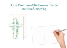 Laden Sie das Bild in den Galerie-Viewer, Edition Seidel Premium Glückwunschkarte zur Kommunion mit Umschlag. Kommunionskarte Karte Grusskarte Kreuz Grüne Zweige Blätter Junge Mädchen (KO281 SW023)