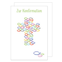 Laden Sie das Bild in den Galerie-Viewer, Edition Seidel Premium Glückwunschkarte zur Konfirmation mit Umschlag. Konfirmationskarte Karte Grusskarte bunte Fische Kreuz Junge Mädchen (KF272 SW022) (21291)
