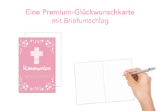Laden Sie das Bild in den Galerie-Viewer, Edition Seidel Premium Glückwunschkarte zur Kommunion mit Umschlag. Eine einzelne Karte Kommunionskarte Grusskarte Blüten rosa Mädchen (KO273 SW022)