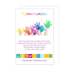 Laden Sie das Bild in den Galerie-Viewer, Edition Seidel Premium Glückwunschkarte zur Kommunion mit Umschlag. Kommunionskarte mit Spruch Grusskarte Karte bunte Hände Junge Mädchen (KO180 SW023)