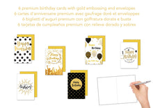 Laden Sie das Bild in den Galerie-Viewer, Edition Seidel Set 6 Premium Geburtstagskarten mit Goldprägung und Umschlag. Happy Birthday Karte Glückwunschkarte zum Geburtstag Mann Frau Gold Sprüche (21658)