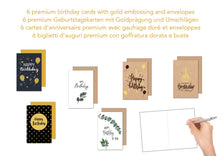 Laden Sie das Bild in den Galerie-Viewer, Edition Seidel Set 6 Premium Geburtstagskarten mit Goldprägung und Umschlag. Teils aus Kraftpapier. Happy Birthday Karte Glückwunschkarte zum Geburtstag Mann Frau (22358)