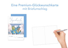 Laden Sie das Bild in den Galerie-Viewer, Edition Seidel Premium Glückwunschkarte zur Jugendweihe mit Umschlag. Eine einzelne Karte zur Jugendweihe mit Spruch. Grusskarte Hände Welt Himmel Junge Mädchen (JW125 SW023)