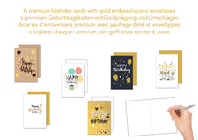 Laden Sie das Bild in den Galerie-Viewer, Edition Seidel Set 6 Premium Geburtstagskarten mit Goldprägung und Umschlag. Teils aus Kraftpapier. Happy Birthday Karte Glückwunschkarte zum Geburtstag Mann Frau (22359)
