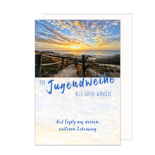 Laden Sie das Bild in den Galerie-Viewer, Edition Seidel Premium Glückwunschkarte zur Jugendweihe mit Umschlag. Eine einzelne Karte zur Jugendweihe mit Spruch. Grusskarte Meer Weg Strand Himmel Junge Mädchen (JW128 SW023)