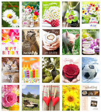 Laden Sie das Bild in den Galerie-Viewer, Edition Seidel Set 20 Geburtstagskarten Glückwunschkarten zum Geburtstag mit Umschlag. Grusskarte Geburtstagskarte Happy Birthday Mann Frau Karten Spruch Sprüche (SW02)