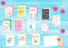 Laden Sie das Bild in den Galerie-Viewer, Edition Seidel Set 12 exklusive Premium Geburtstagskarten mit Umschlag. Glückwunschkarte Grusskarte Geburtstag Geburtstagskarte Mann Frau Karten Happy Birthday Billet Sprüche