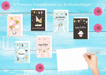 Laden Sie das Bild in den Galerie-Viewer, Edition Seidel Set 6 exklusive Geburtstagskarten mit Umschlag. Glückwunschkarte Grusskarte zum Geburtstag. Geburtstagskarte Karte Mann Frau (Doppelkarten/Klappkarten mit Briefumschlag)