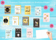 Laden Sie das Bild in den Galerie-Viewer, Edition Seidel Set 12 exklusive Premium Geburtstagskarten mit Umschlag. Glückwunschkarte Grusskarte Geburtstag Geburtstagskarte Mann Frau Karten Happy Birthday Billet Sprüche