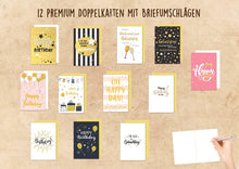 Laden Sie das Bild in den Galerie-Viewer, Edition Seidel Set 12 exklusive Premium Geburtstagskarten mit feiner Goldprägung und Umschlag. Glückwunschkarte Grusskarte Geburtstag Geburtstagskarte Mann Frau Karten Happy Birthday Billet (20818)