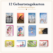 Laden Sie das Bild in den Galerie-Viewer, Edition Seidel Set 12 Geburtstagskarten mit Umschlag. Glückwunschkarten Doppelkarten Klappkarten Kartenset Sprüche lustig Motivation Familie Mann Frau (SW026) (36700)
