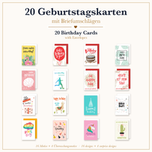 Laden Sie das Bild in den Galerie-Viewer, Edition Seidel Set 20 Geburtstagskarten mit Umschlag. Glückwunschkarten Doppelkarten Klappkarten Kartenset Happy Birthday bunt lustig Einhorn Lama Kinder Frau Mann (SW026) (36705)
